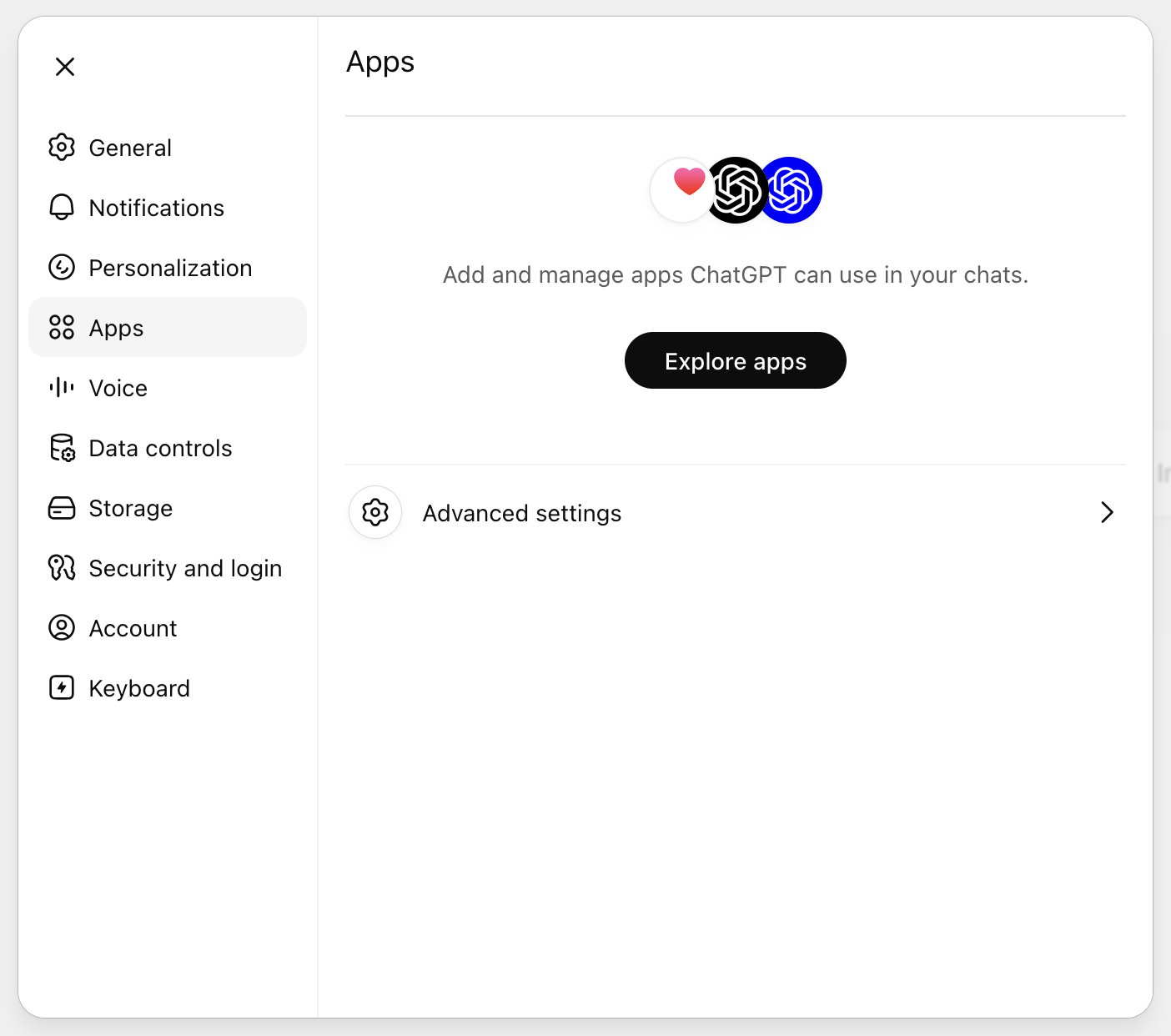 ChatGPT Apps settings with Advanced settings link