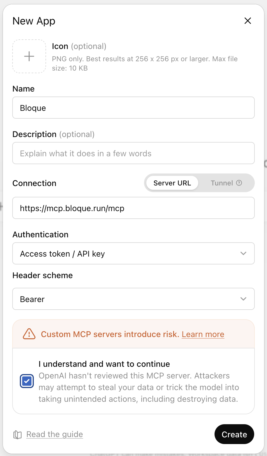 New App dialog configured for Bloque