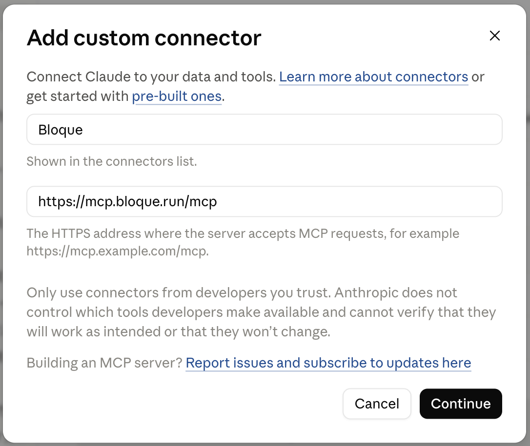 Add custom connector dialog with name and URL fields filled in