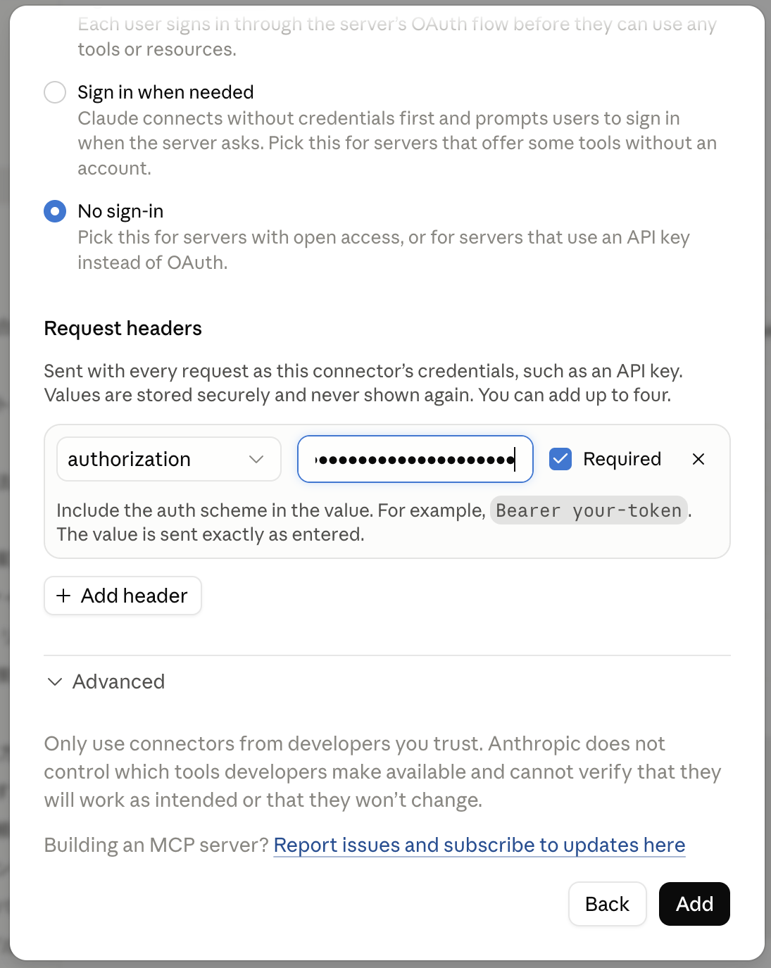 Request headers section with the authorization header filled in