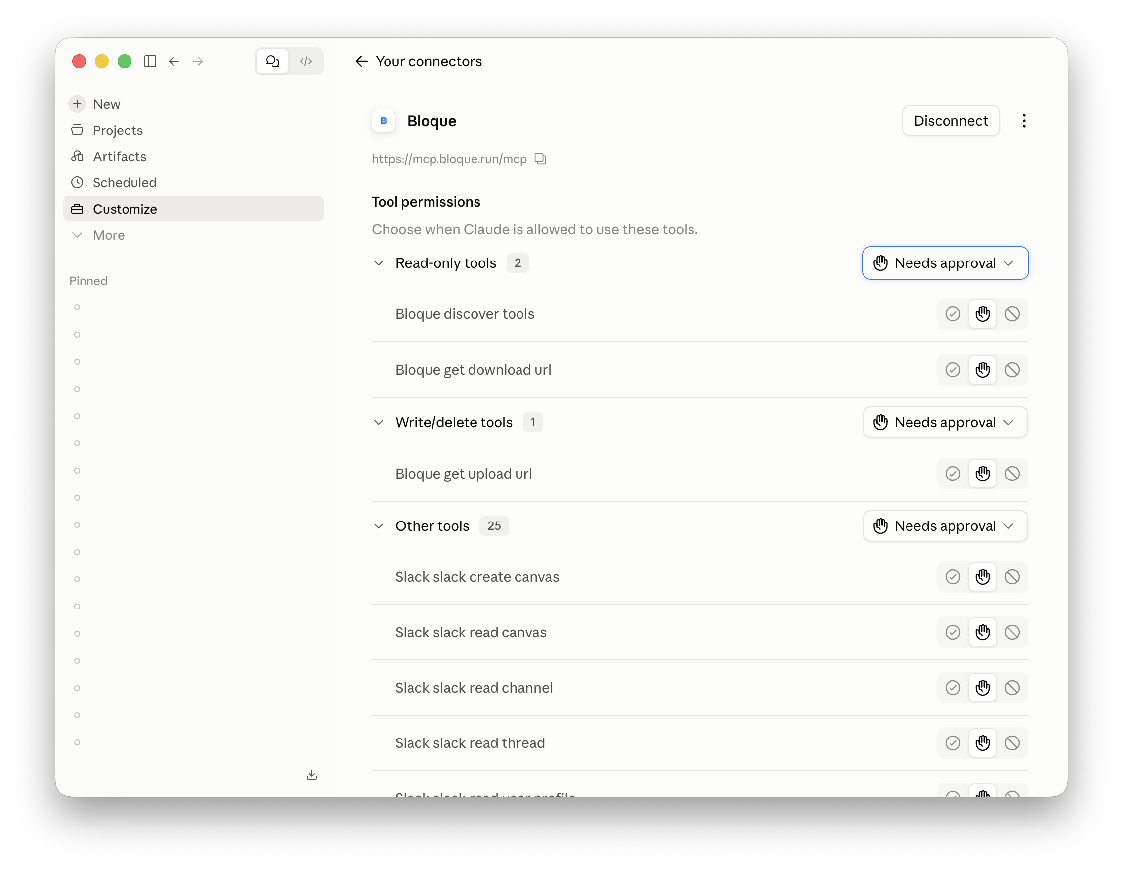 Bloque connector added, showing its tools under Tool permissions