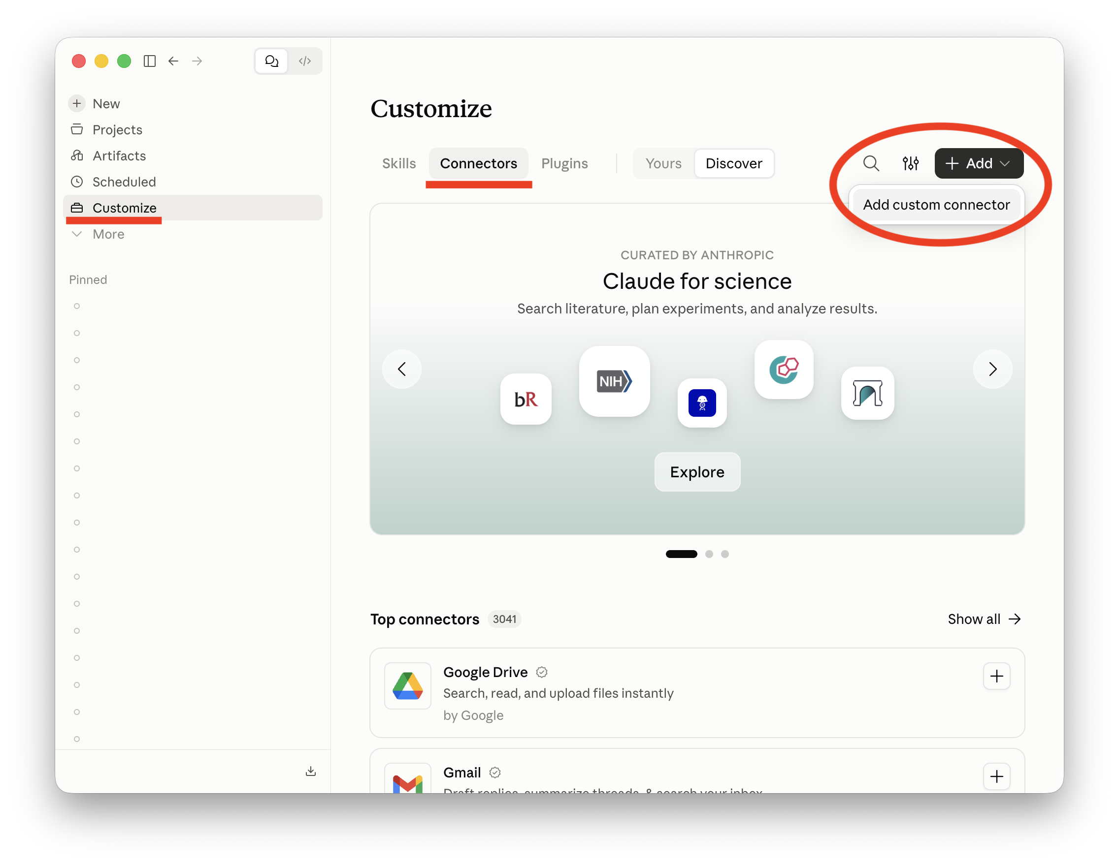 Add custom connector option in the Customize menu