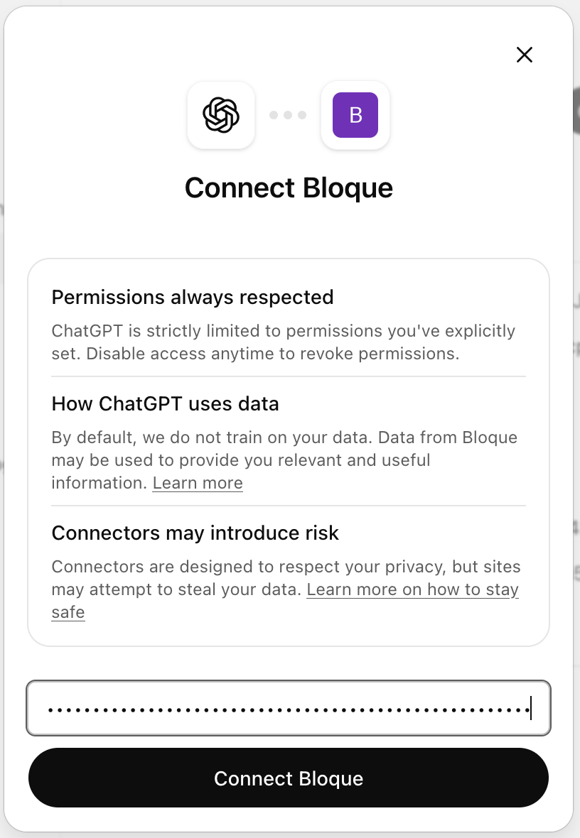 APIキーを求めるConnect Bloqueダイアログ