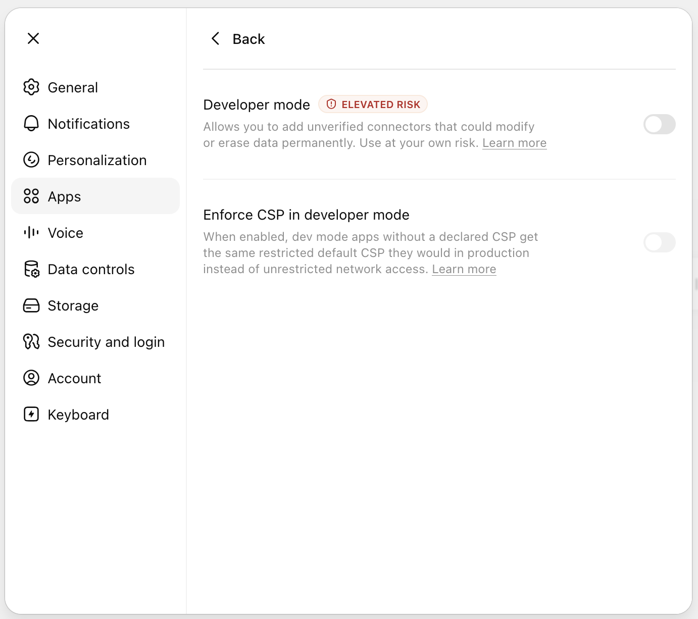 ChatGPTの詳細設定にあるDeveloper modeトグル